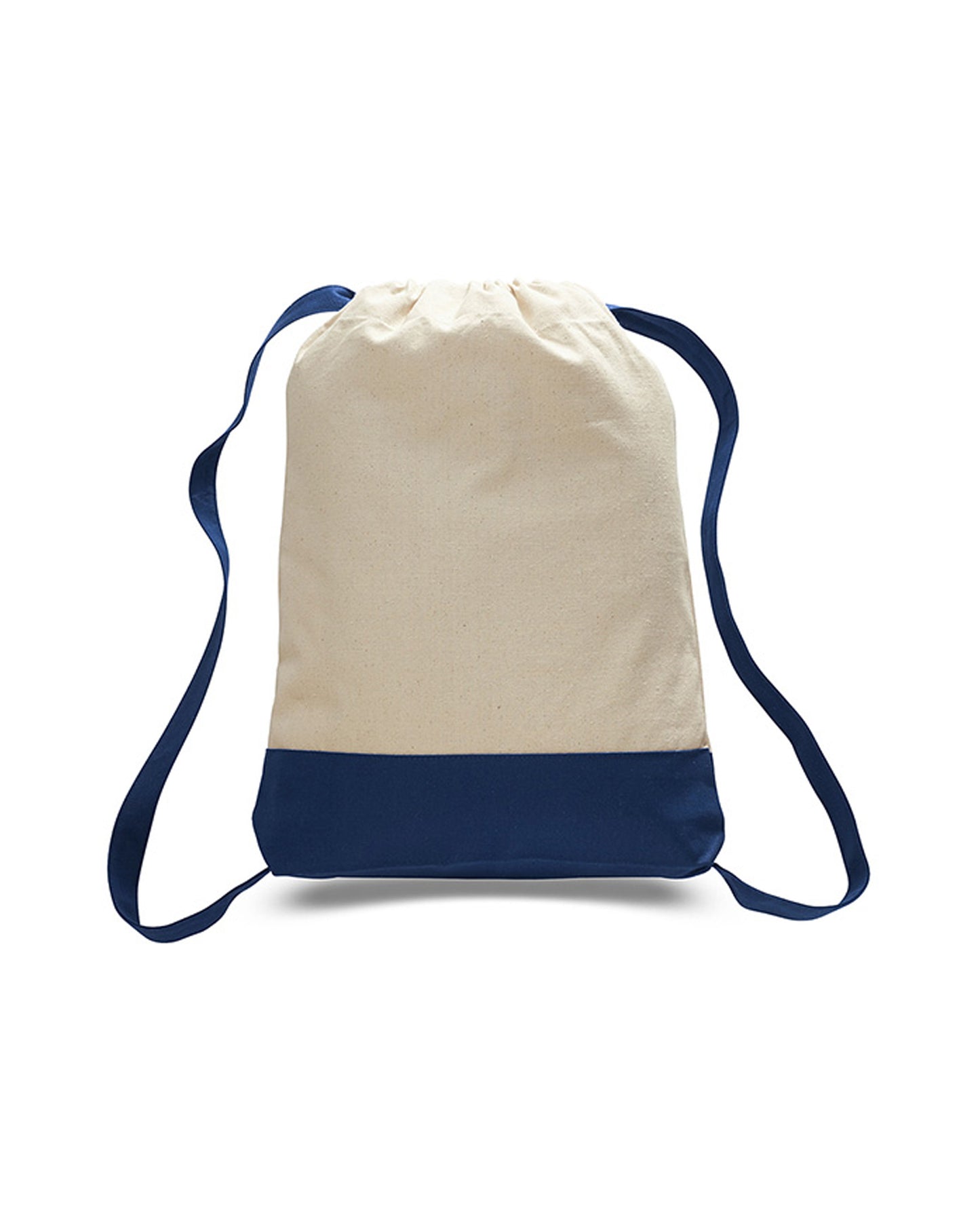Beige and navy drawstring bag on a white background