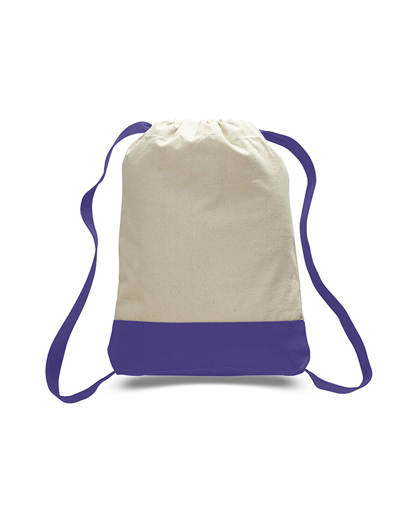 Drawstring bag with purple bottom section and straps on a white background