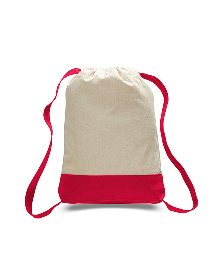 Drawstring bag with red bottom section on a white background