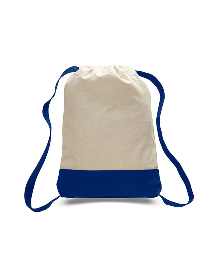 Beige and blue drawstring bag on a white background