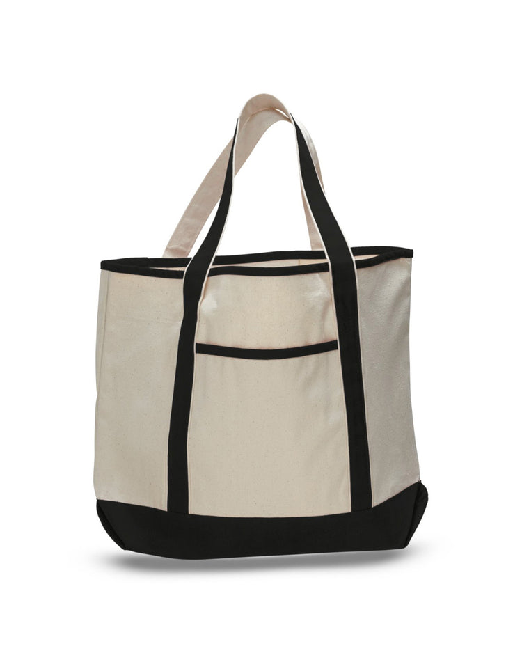 Beige tote bag with black accents on a white background