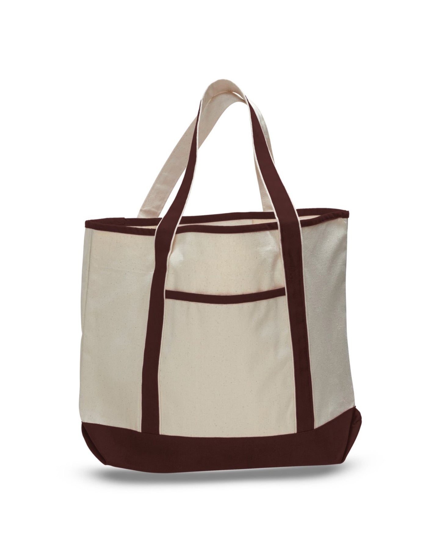Beige tote bag with brown accents on a white background
