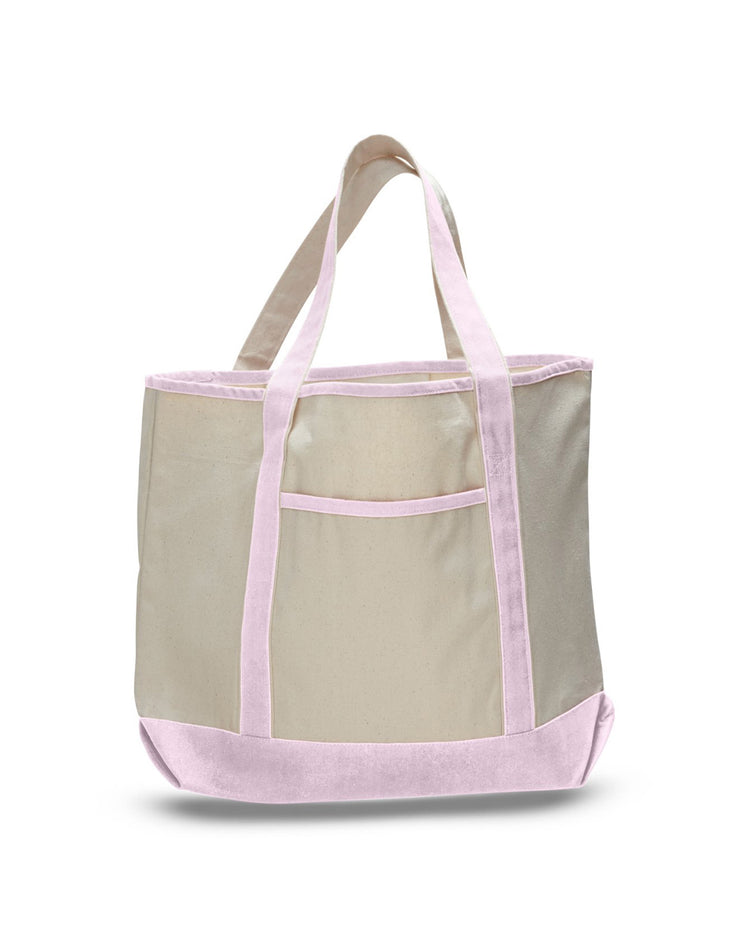 Beige tote bag with pink accents on a white background