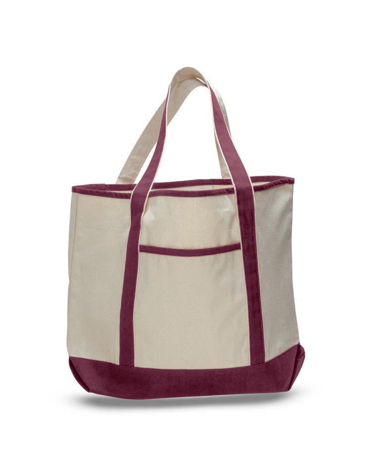 Beige tote bag with burgundy trim on a white background