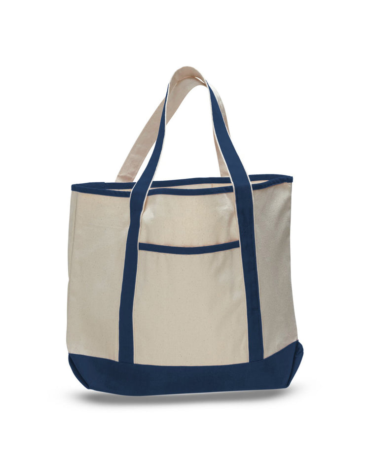 Beige tote bag with navy accents on a white background