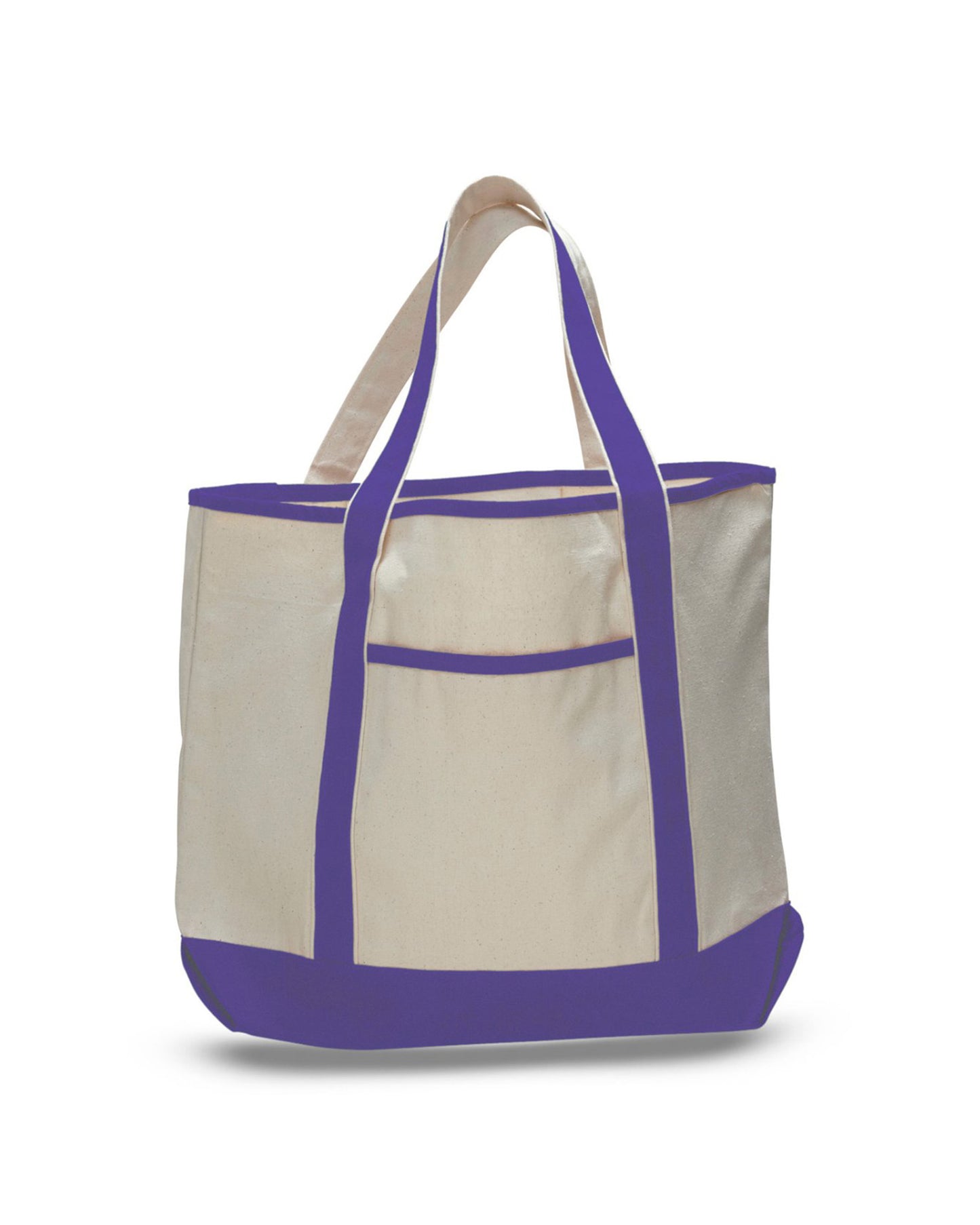 Beige tote bag with purple accents on a white background