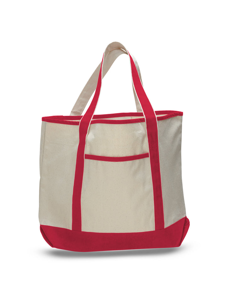 Beige and red tote bag on a white background