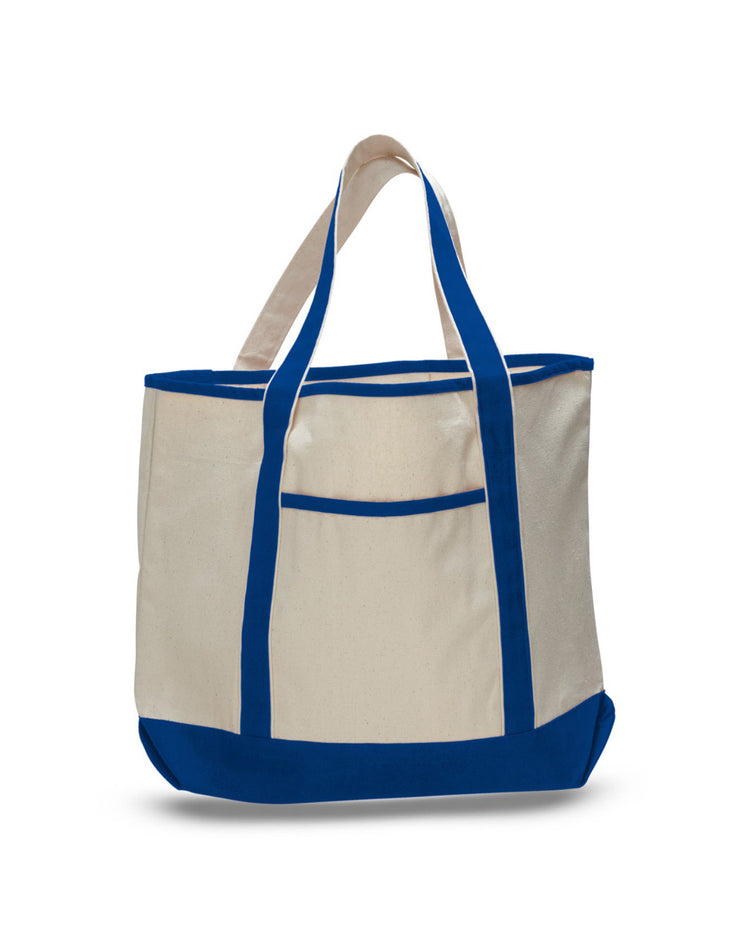 Beige tote bag with blue accents on a white background