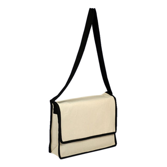 Beige bag with a black strap on a white background