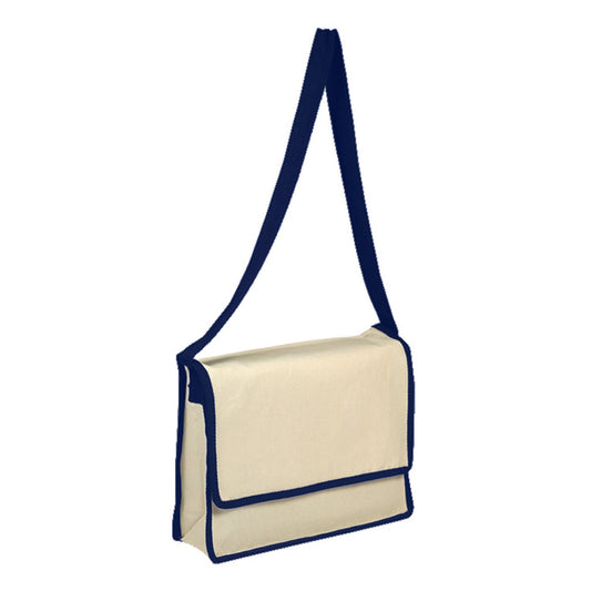 Beige bag with navy blue trim and strap on a white background
