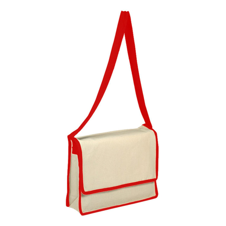 Beige bag with red trim and handle on a white background