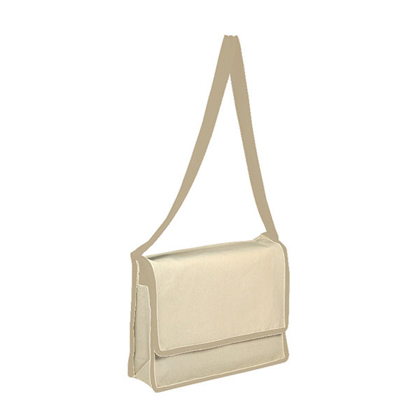 Beige, natural canvas shoulder bag on a white background