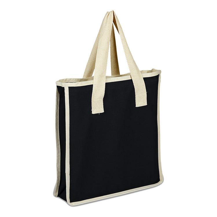 Black tote bag with beige handles on a white background