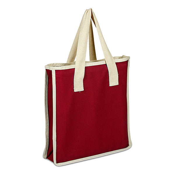 Red tote bag with beige handles on a white background
