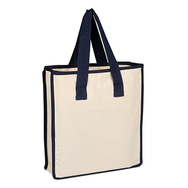 Beige tote bag with navy handles on a white background