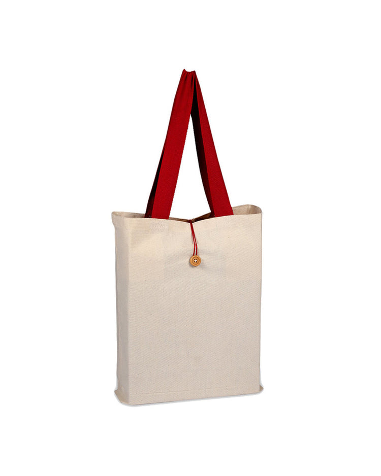 Beige tote bag with red handles on a white background