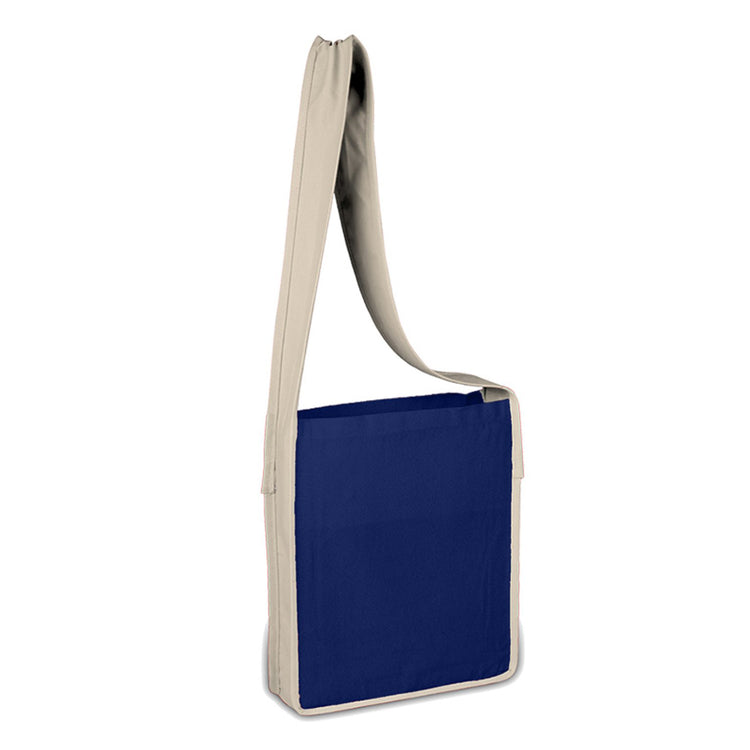 Navy blue messenger bag with beige handle on a white background