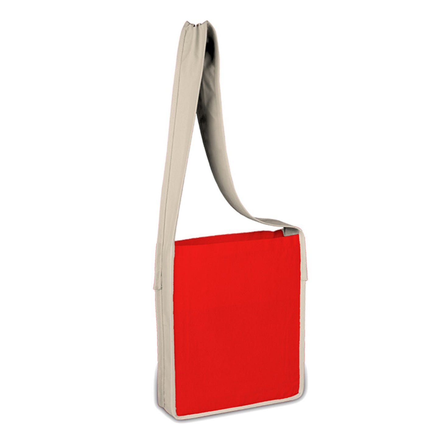 Red messenger bag with beige handle on a white background