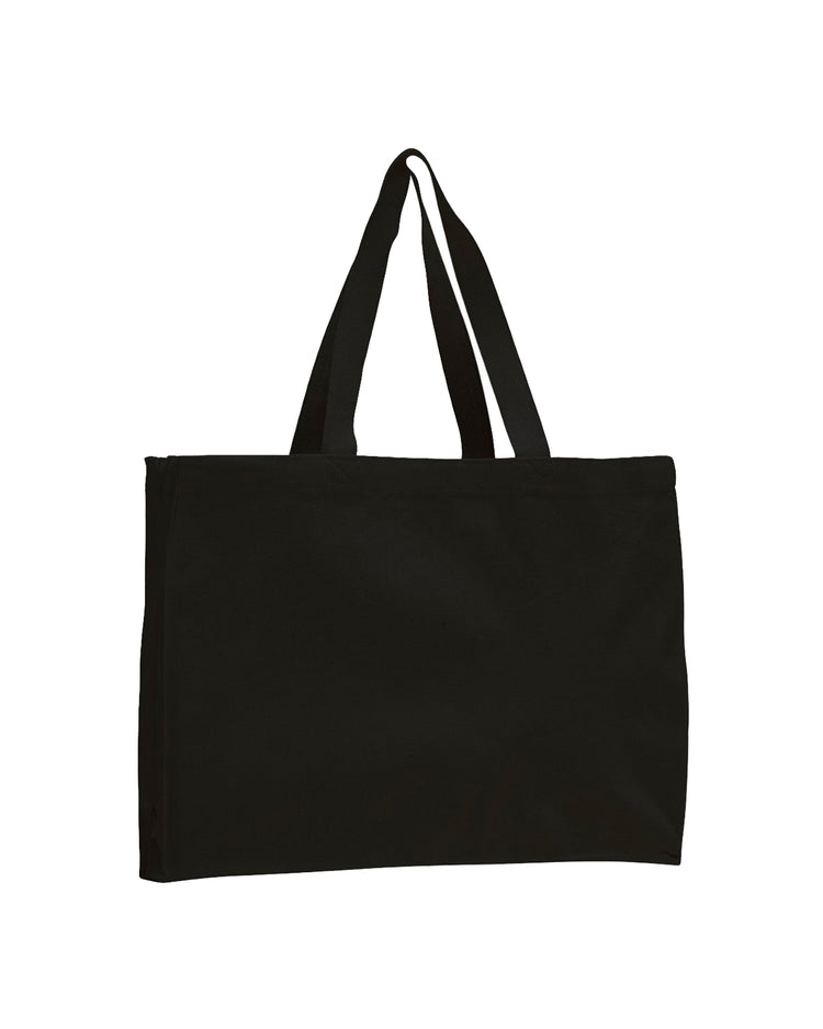 Black tote bag with white handles on a white background
