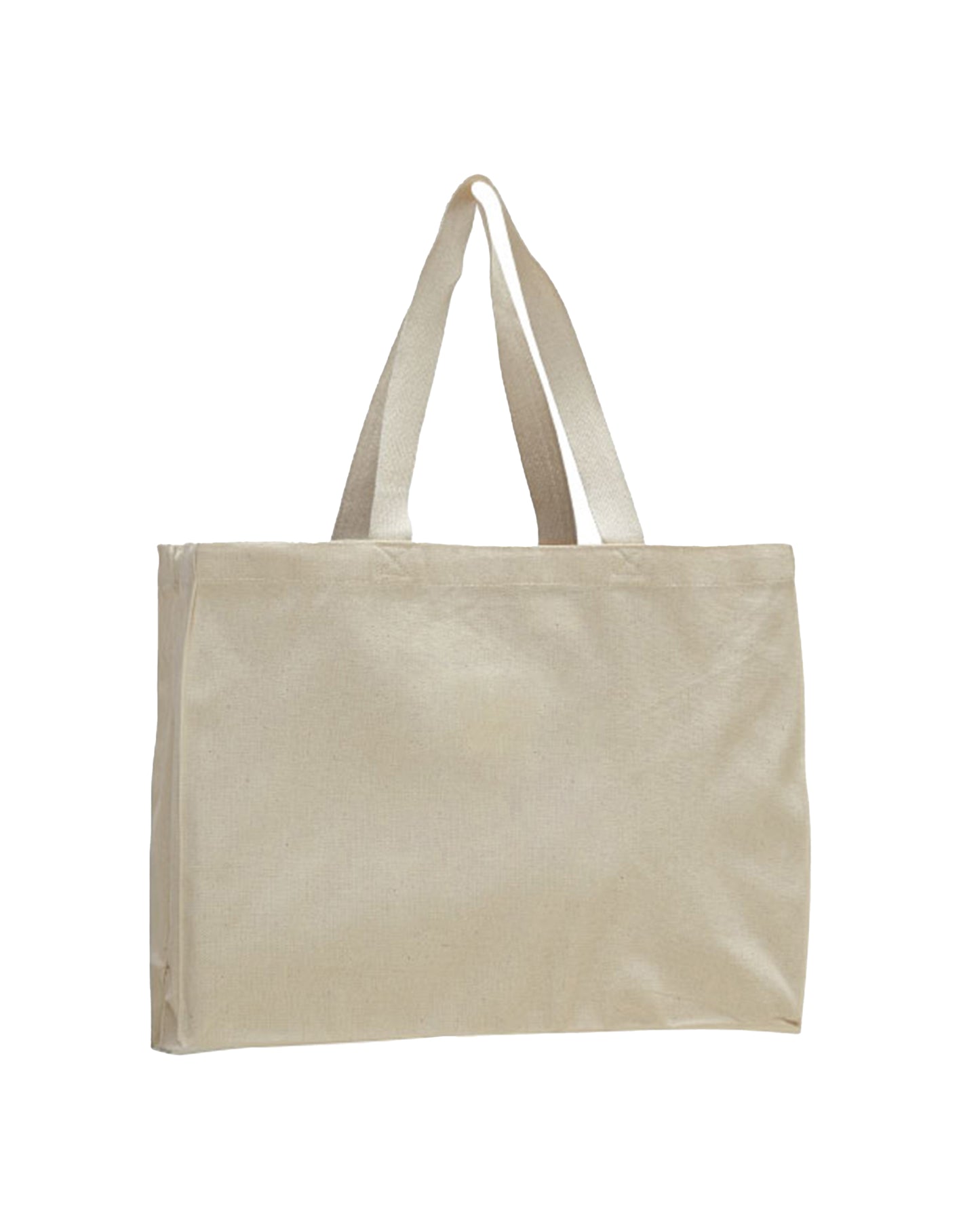 Beige tote bag with handles on a white background