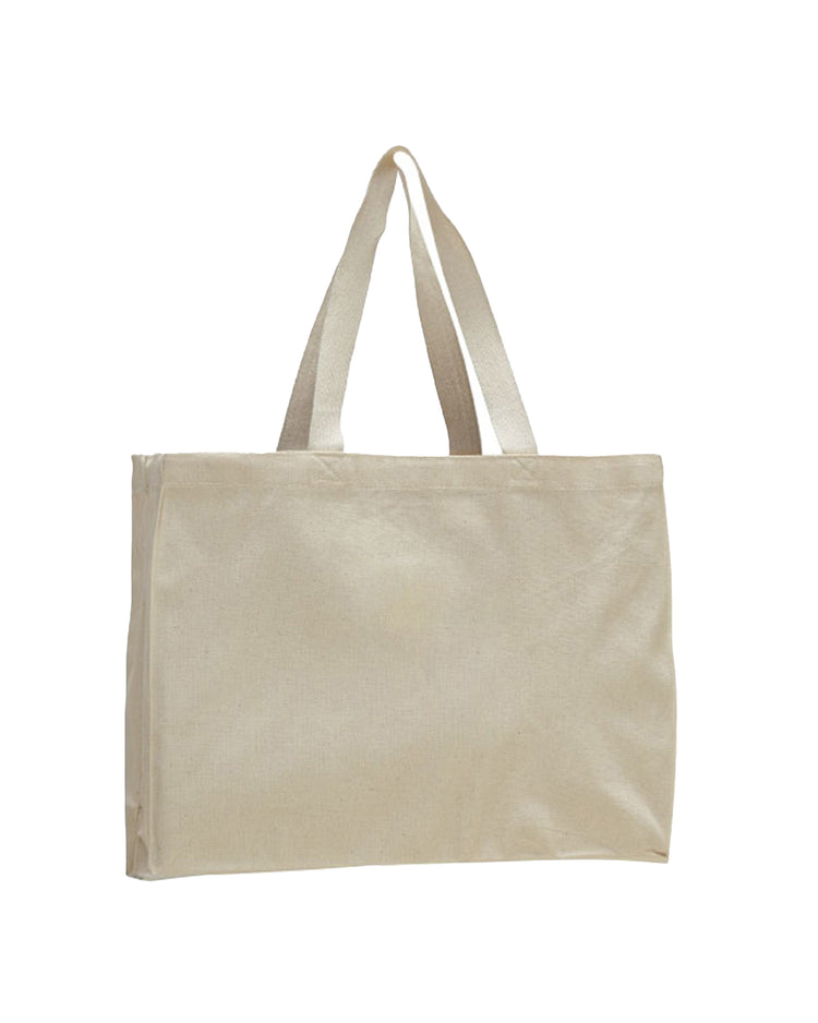 Beige tote bag with handles on a white background
