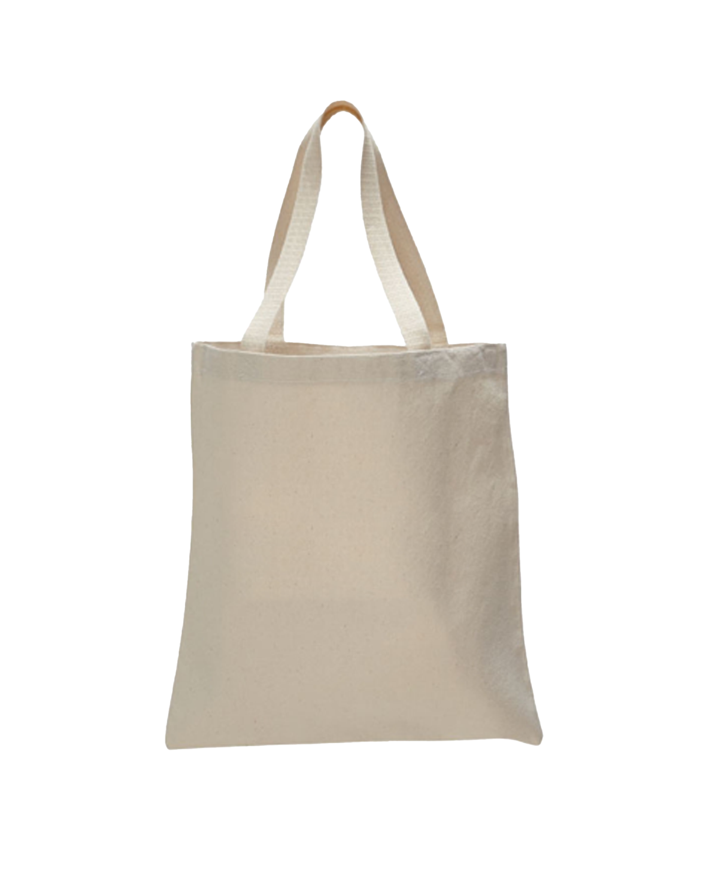 Beige tote bag with white handles on a white background