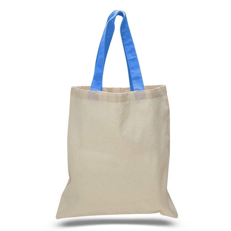 Beige tote bag with blue handles on a white background