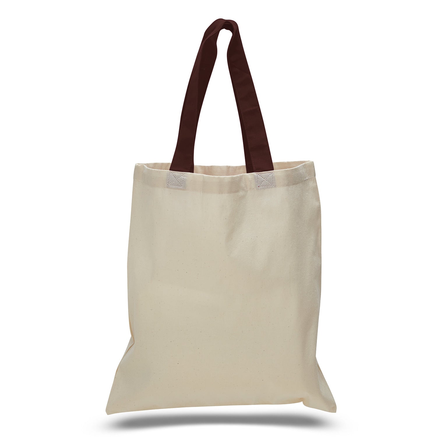 Beige tote bag with brown handles on a white background
