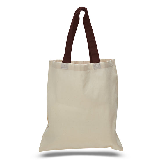 Beige tote bag with brown handles on a white background