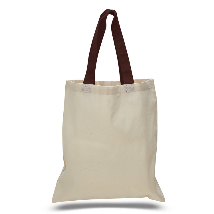 Beige tote bag with brown handles on a white background