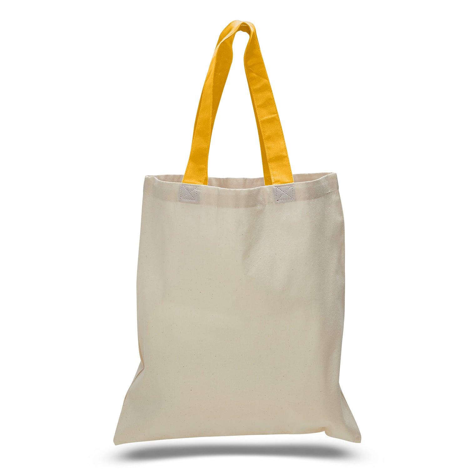Beige tote bag with yellow handles on a white background