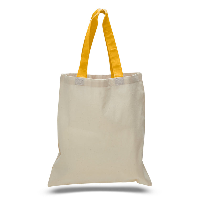 Beige tote bag with yellow handles on a white background