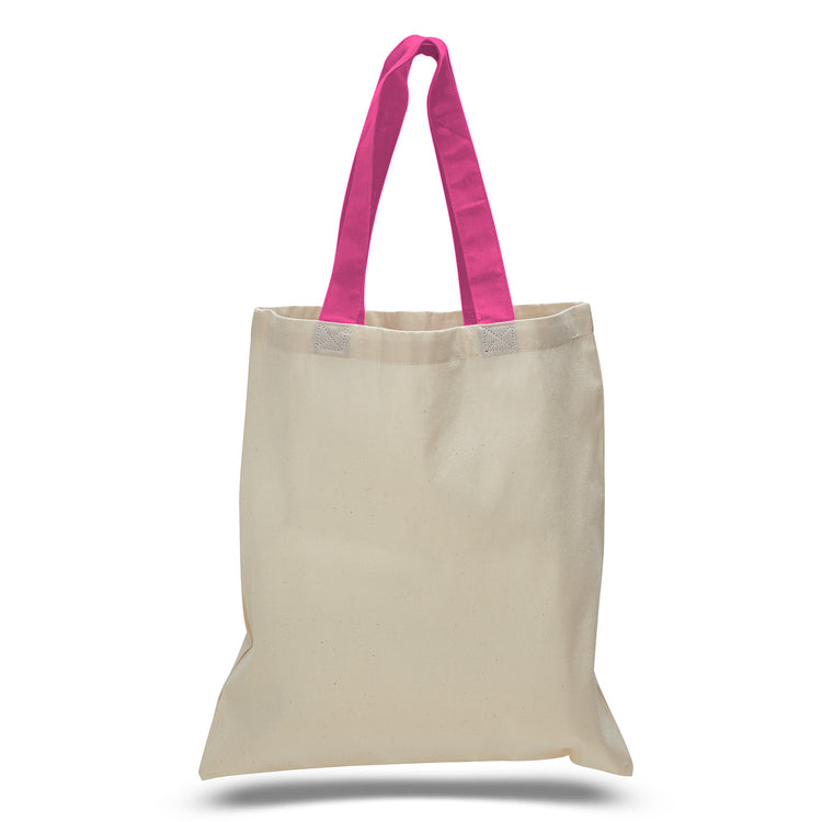 Beige tote bag with pink handles on a white background