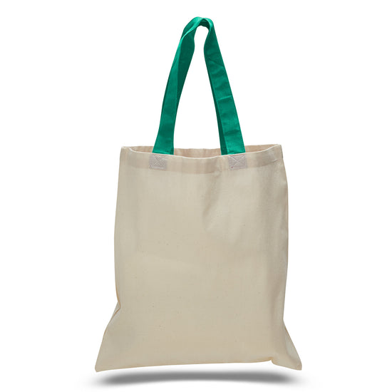 Beige tote bag with green handles on a white background