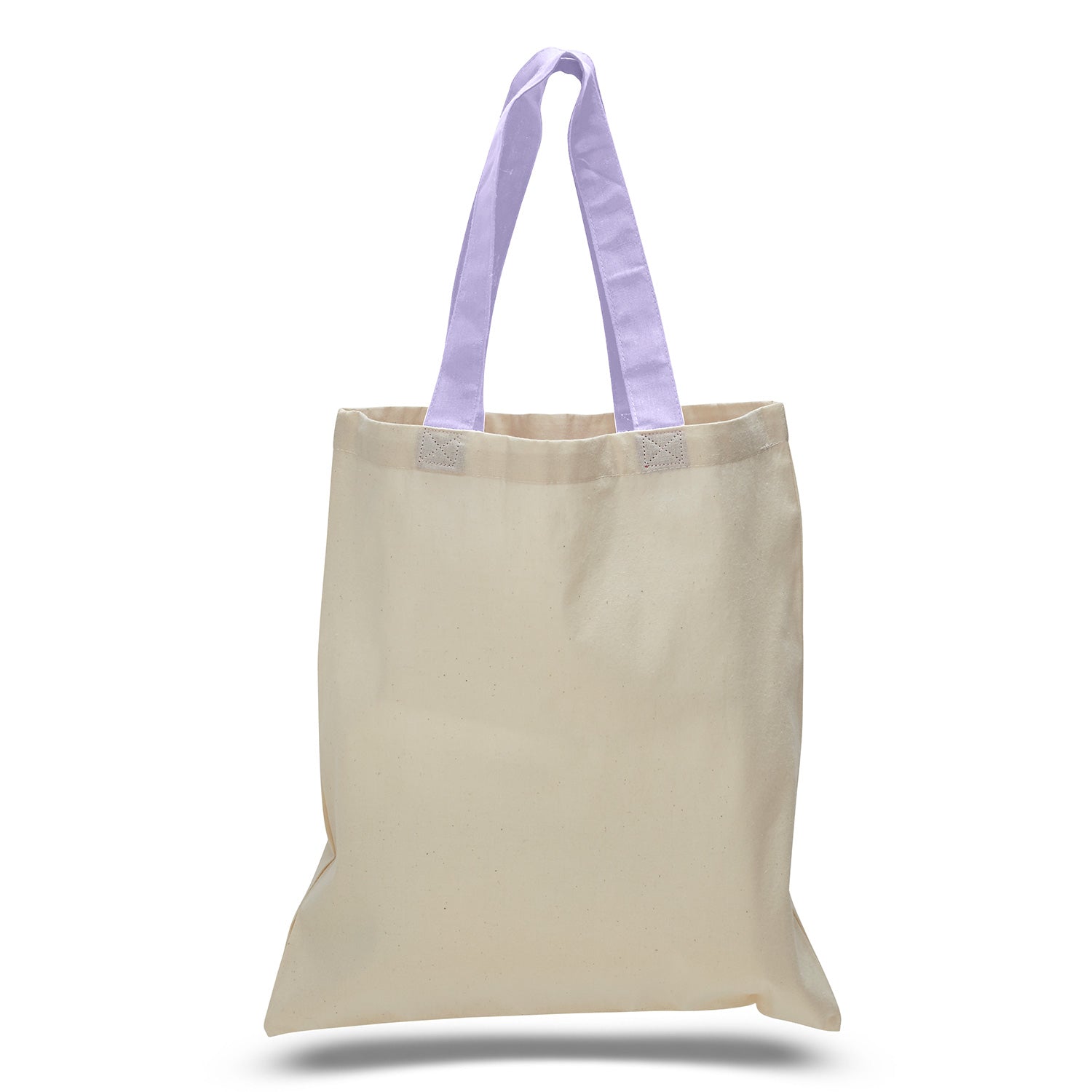 Beige tote bag with purple handles on a white background