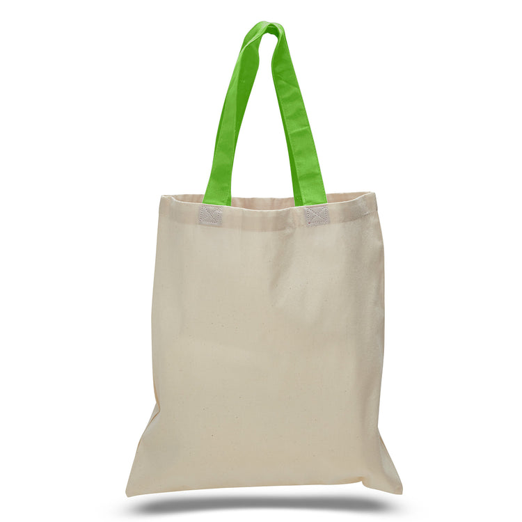 Beige tote bag with green handles on a white background