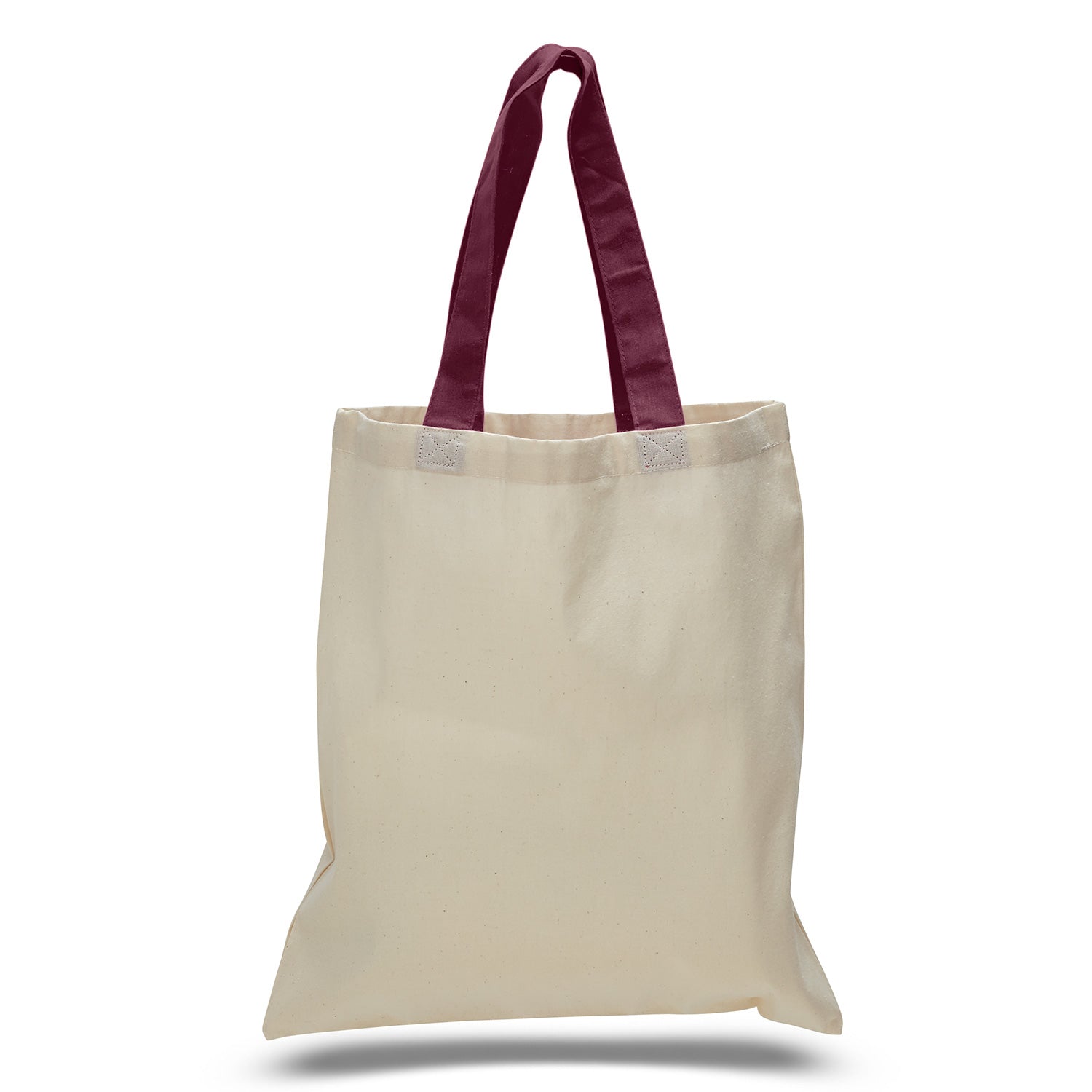 Beige tote bag with red handles on a white background