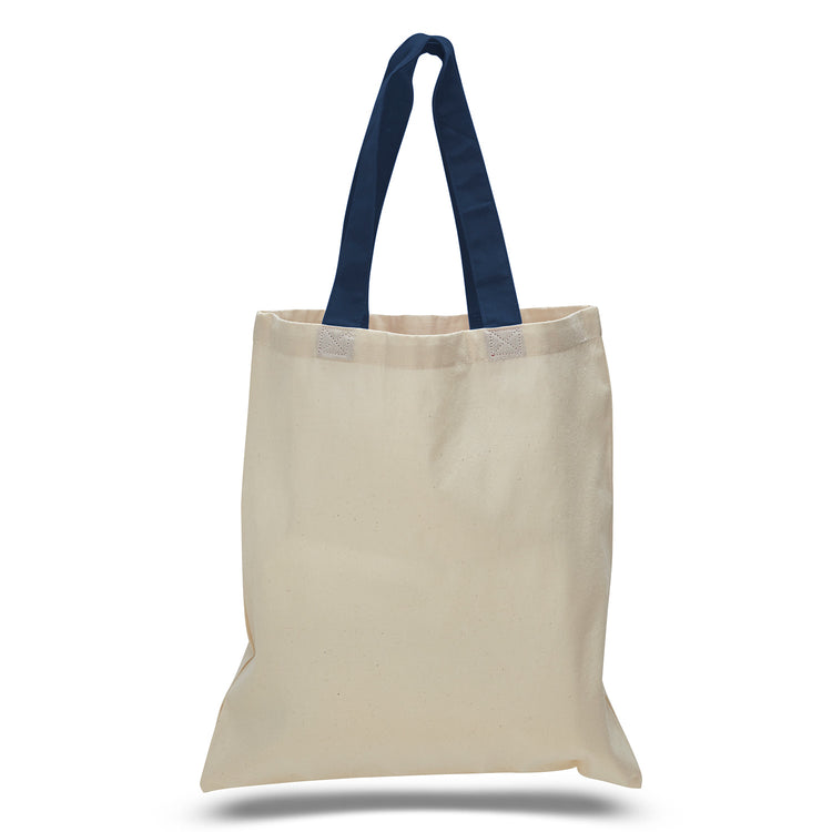 Beige tote bag with navy handles on a white background