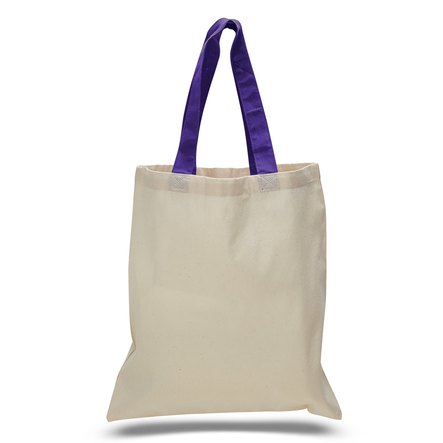 Beige tote bag with purple handles on a white background