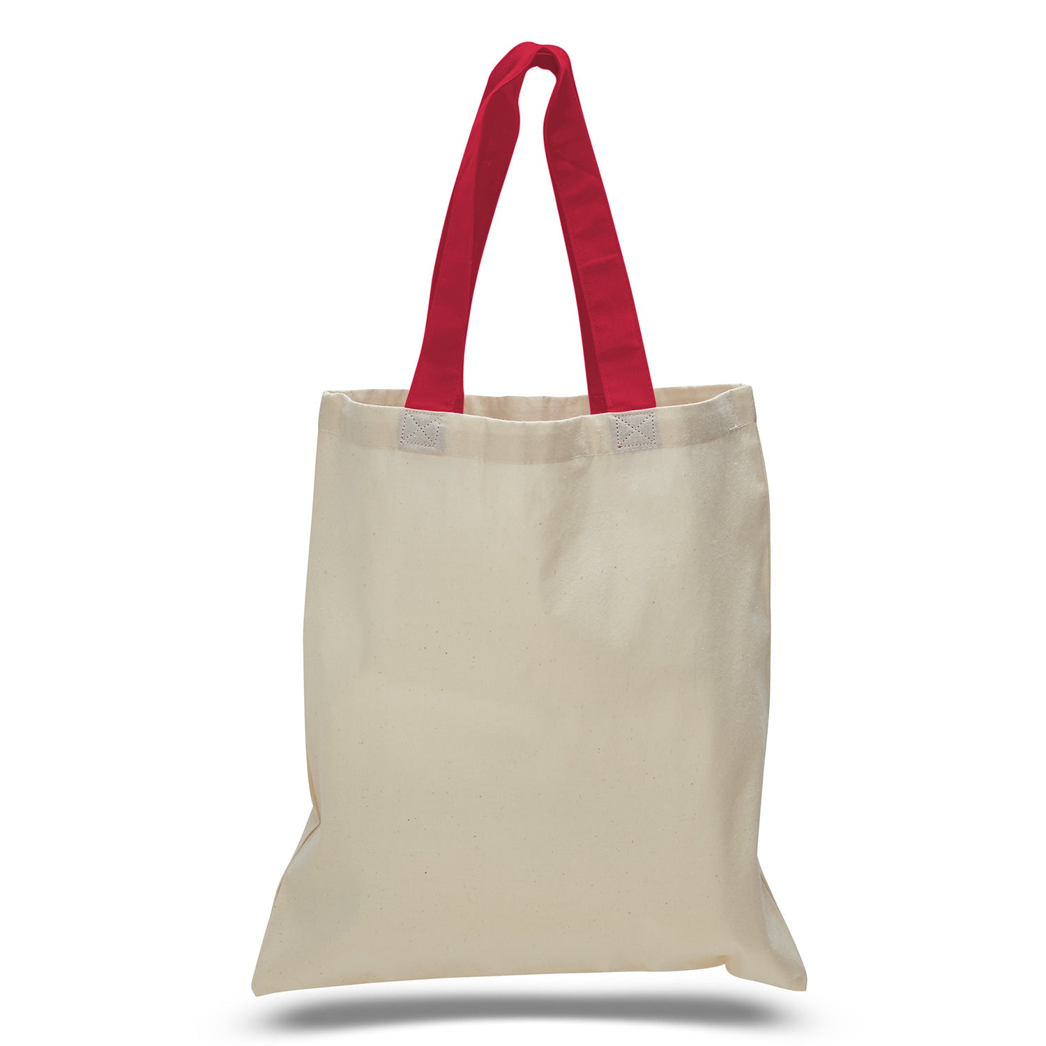 Beige tote bag with red handles on a white background