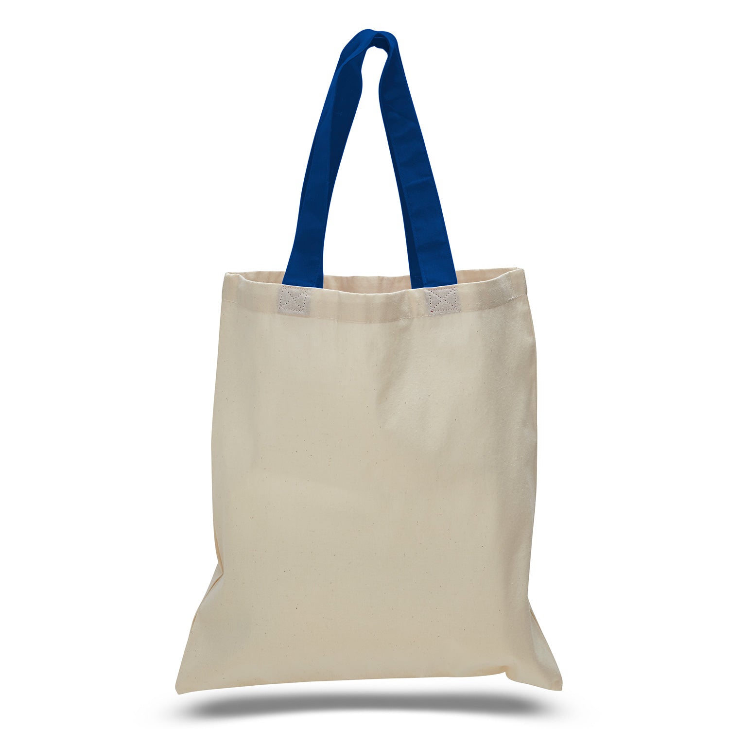 Beige tote bag with blue handles on a white background