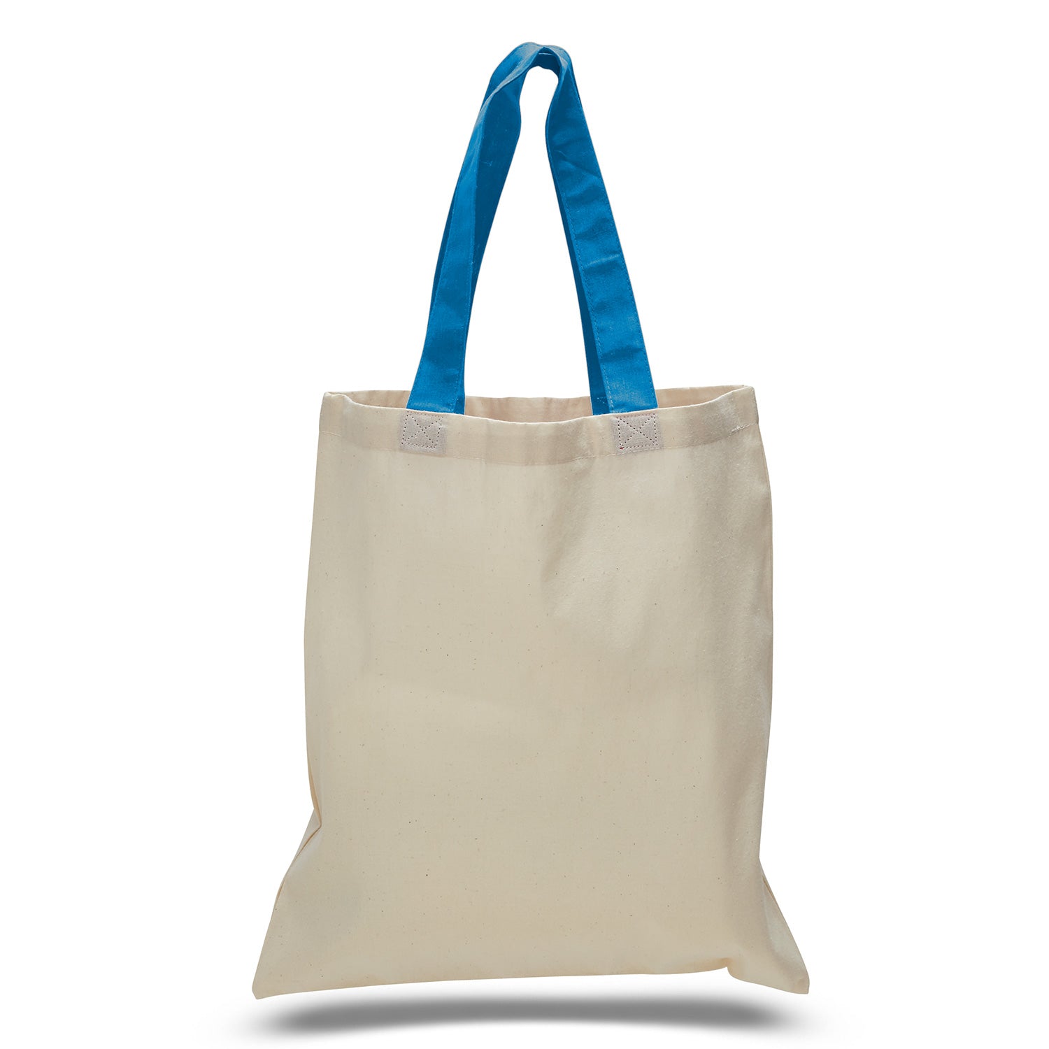 Beige tote bag with blue handles on a white background