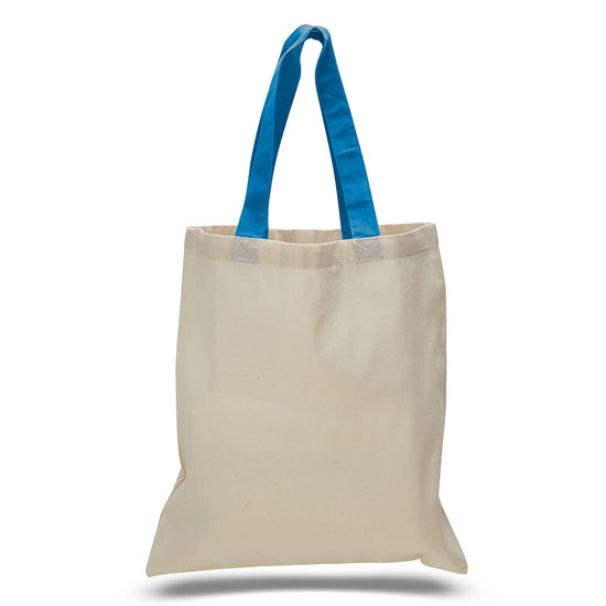 Beige tote bag with blue handles on a white background
