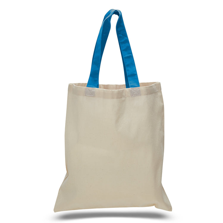 Beige tote bag with blue handles on a white background