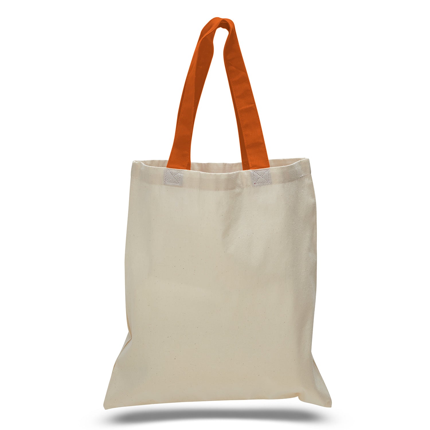 Beige tote bag with orange handles on a white background