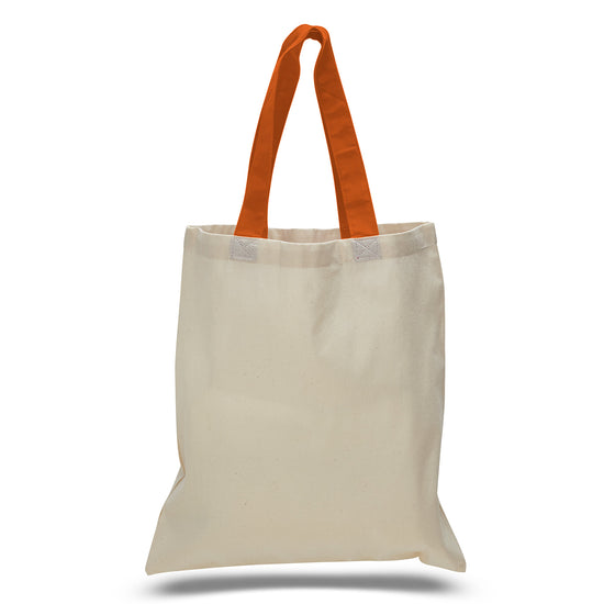 Beige tote bag with orange handles on a white background