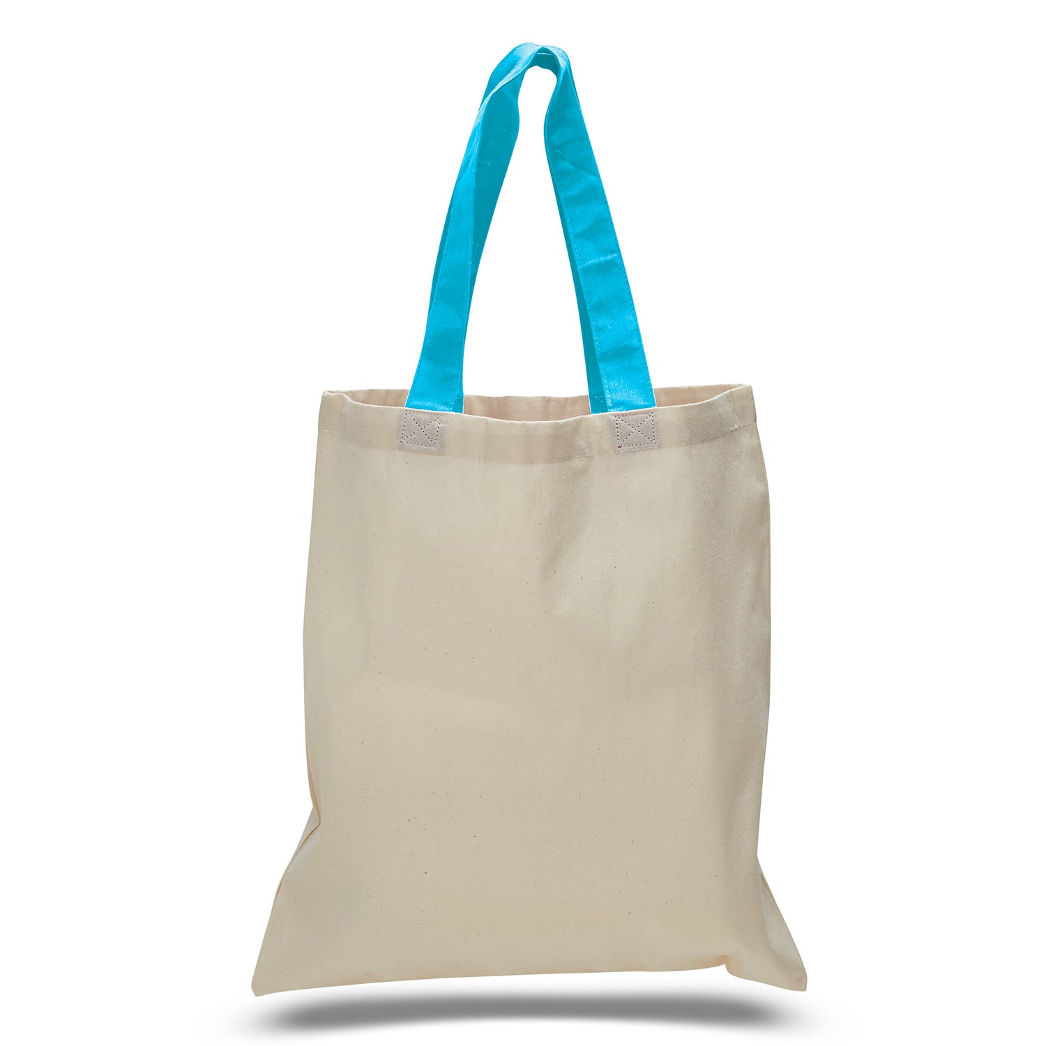 Beige tote bag with blue handles on a white background