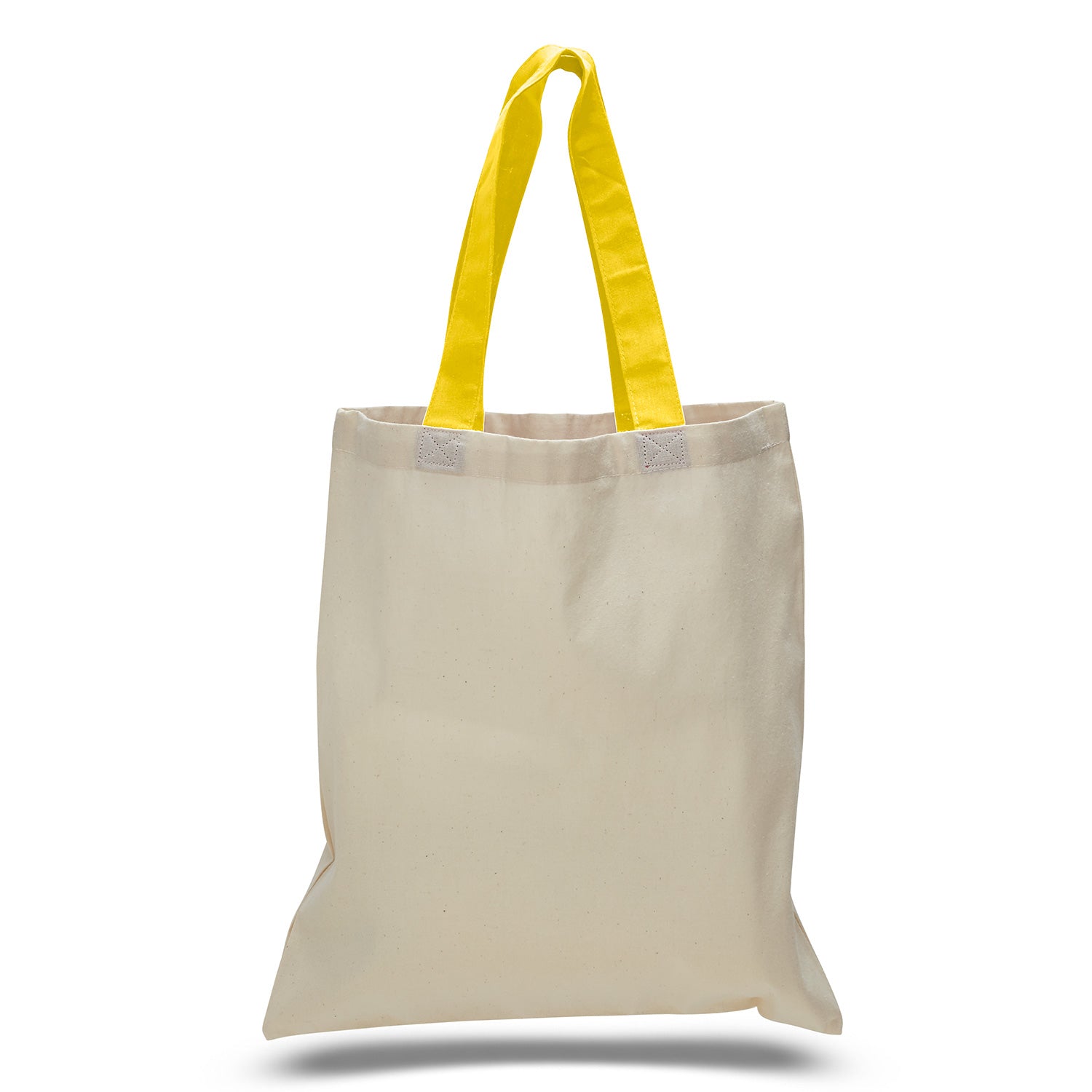 Beige tote bag with yellow handles on a white background