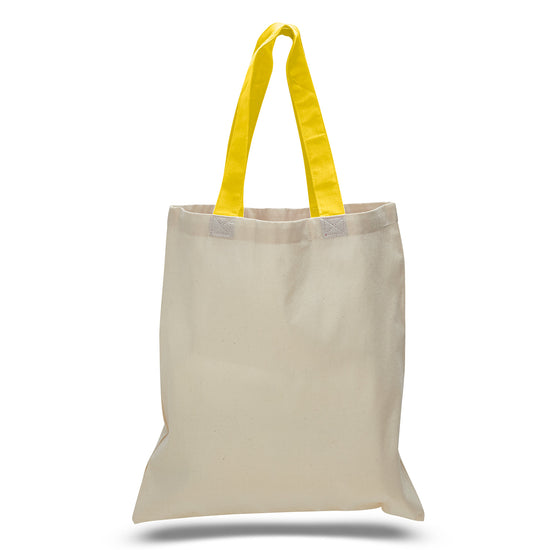 Beige tote bag with yellow handles on a white background