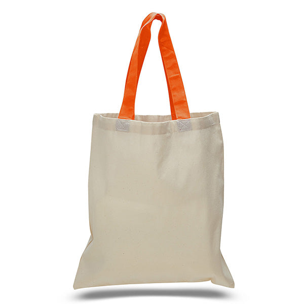 Beige tote bag with orange handles on a white background